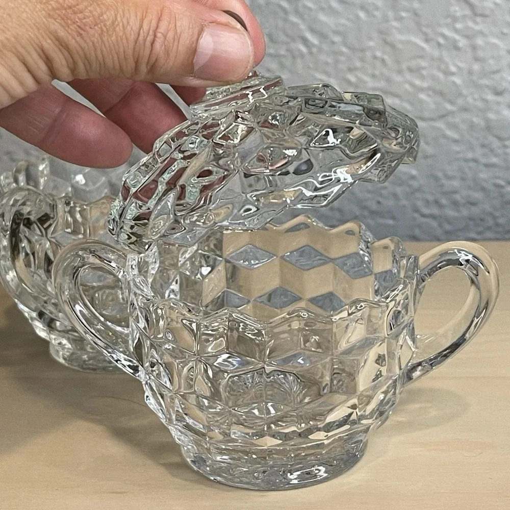 Vintage Fostoria American Cubist Pattern Clear Glass Creamer &‎ Sugar Set W/Lid